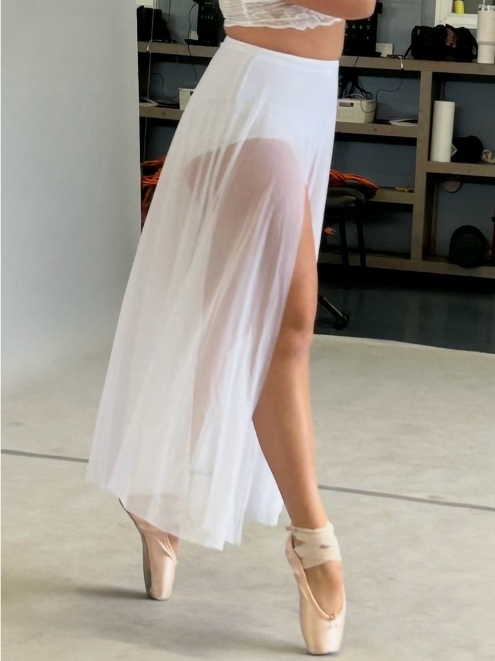 Balera White High Waist Mesh Split Skirt - with Attached Briefs.